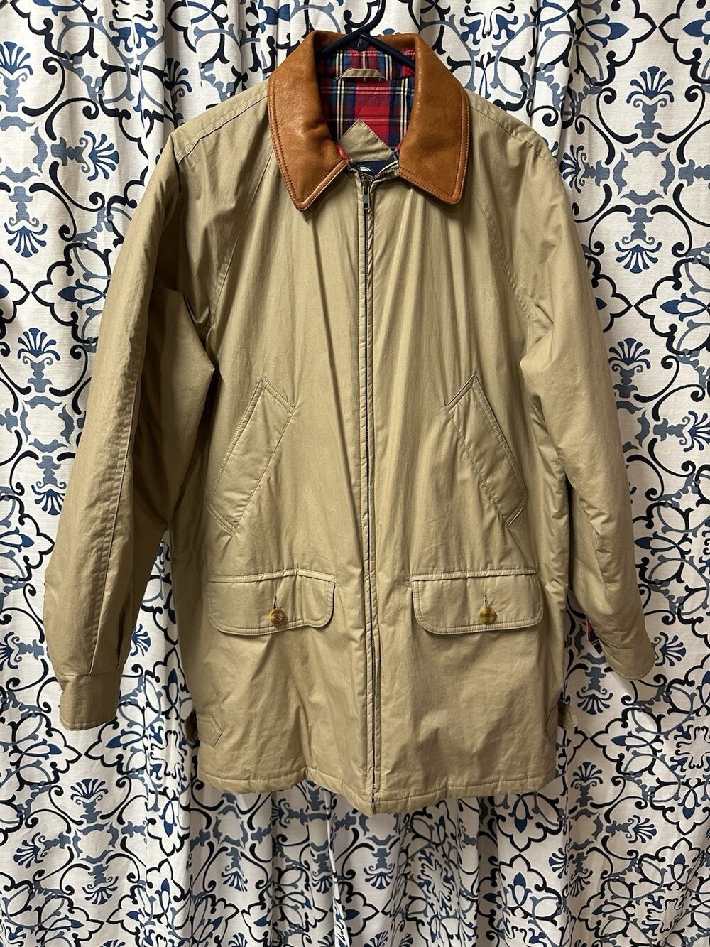 Splitrail Gant Vtg Barn Chore Jacket SZ S Tan Red Plaid Lining Leather Collar